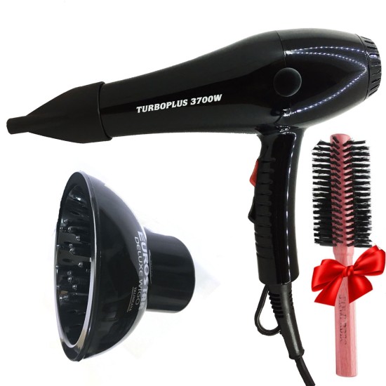 Turbo Plus Profesyonel Saç Kurutma Makinesi, AC Motor, 2500W, 3 Kademeli Isı Ayarı, Soğuk Hava Özelliği, Siyah, Fön Gagası ve Tarak Dahil, Model 3700 